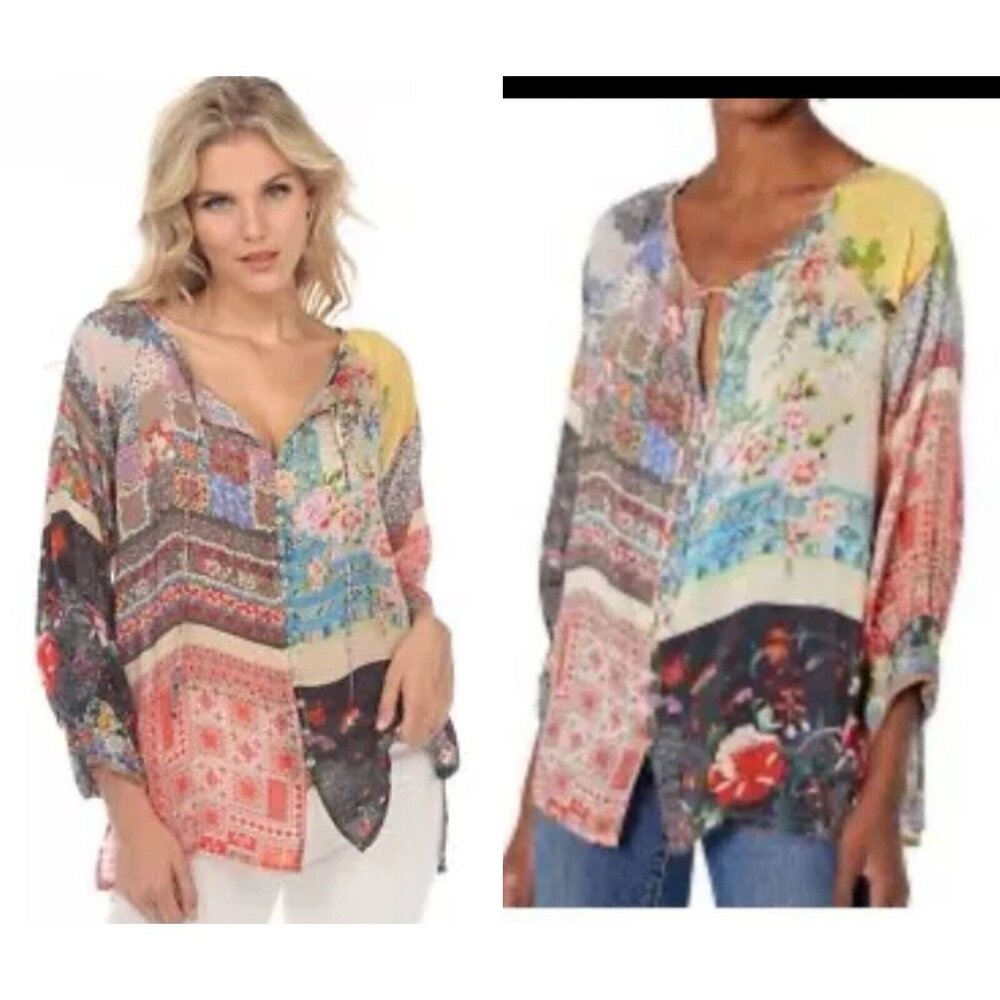 Johnny Was Callaway Ingrid Top Blouse Sz XS patchwork tie neck button rayon